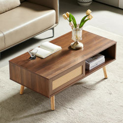 Mesa de Centro de Ratán Tejido con Puertas Corredizas de Almacenamiento, Patas de Madera Maciza, Acabado en Nogal Oscuro, Mesa Auxiliar Moderna para Sala de Estar, H40 W105 D55cm, Mueble de