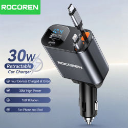 Cargador de coche retráctil Rocoren 4 en 1 PD30W USB tipo C con cable de carga rápida, adaptador de cargador de coche con pantalla digital