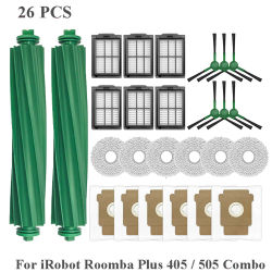 Kit de Accesorios para Robot Aspirador Irobot Roomba Plus 405 Combo/505 Combo, Cepillos Principales, Paños Laterales, Filtros, Bolsas para Polvo
