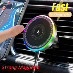 Soporte magnético para teléfono con luz RGB para coche, soporte para salida de aire, cargador inalámbrico para Magsafe iPhone 16 15 14 13 12 Pro Max, base de carga rápida