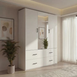 Armario Moderno Superaly de 1.3m, Mueble de Almacenamiento con Barra para Colgar y 2 Puertas, con Espejo de Cuerpo Entero y 4 Cajones Espaciosos