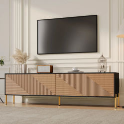 Mueble de TV moderno en negro y madera natural con patas de metal dorado, 179x35x53.5 cm