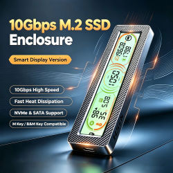 Caja para SSD M.2 con Pantalla Inteligente, Monitor de Salud del SSD en Tiempo Real, USB 3.2 Gen 2 10Gbps, Compatible con NVMe PCI-E y SATA