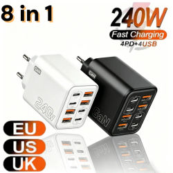 Cargador USB C GaN de 240W 8 en 1, adaptador de corriente de carga rápida para iPhone, Xiaomi, tipo C, con enchufe europeo/estadounidense/británico.