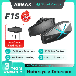 Intercomunicador Bluetooth para Motocicletas ASMAX F1S para 10 Conductores, Comando de Voz, Comunicación por Casco BT 5.3, Sonido de Alta Fidelidad, Sin Base Magnética