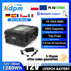 Batería LiFePO4 de 12V 100Ah 2560Wh con Bluetooth BMS para Motor de Barco, 6000+ Ciclos, IP56, Carga USB QC, Entrega Rápida en la UE
