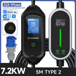 Cargador Portátil JNTAFEV de 7.2KW, 32A, Tipo 2, para Vehículos Eléctricos, con Control por WiFi y Bluetooth, Cargador de Pared de Carga Rápida