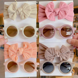 2 unids/set nuevos niños Color sólido algodón Bowknot diadema ancha gafas de sol redondas conjunto de gafas de sol para niñas accesorios para el cabello para niños