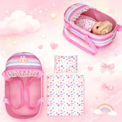 Cesta de Dormir para Muñecas, Cuna Portátil con Almohada y Manta, Color Rosa, Talla S, para Muñecas de 30 cm (12 Pulgadas)