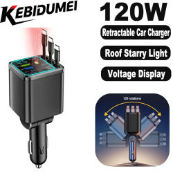 Cargador de coche retráctil 7 en 1, carga rápida con luz de techo para Huawei y Samsung, cable de carga rápida, adaptador para encendedor de cigarrillos