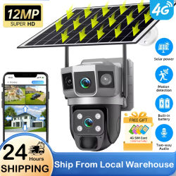 Cámara Solar con tarjeta Sim de 12MP y 4G para exteriores, lente Dual, Monitor de seguridad de tres pantallas, batería de seguimiento humanoide PIR, videovigilancia CCTV