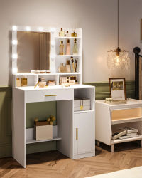 Hzuaneri Tocador con espejo y 10 luces LED, mueble de tocador con 3 estantes y 4 compartimentos abiertos, con cajón grande