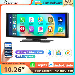 Reproductor de Pantalla Táctil Inteligente Podofo de 10.26'' con CarPlay, Android Auto, Airplay, Mirror Cast, Bluetooth, FM, Monitor para Auto, Superlink, Control por Voz
