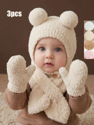 Juego de 3 piezas: gorro de punto con pompón, bufanda y guantes para bebés y niños pequeños, de 3 a 24 meses, un conjunto de accesorios de punto sencillo.