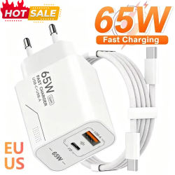 Cargador de teléfono de carga rápida GaN de 65W, cargador USB C, adaptador de corriente de 2 puertos para iPhone, Samsung, Xiaomi, cargador de pared tipo C 2026