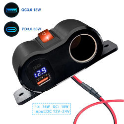 Puerto de cargador USB y PD tipo C Dual QC3.0 de 12V/24V con interruptor, enchufe de encendedor de cigarrillos impermeable para coche, motocicleta, RV marino