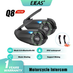 EJEAS Q8 casco de motocicleta intercomunicador auriculares intercomunicador Mesh3.0 + 5G + Bluetooth para 6 conductores interfono parlante compartir música IP67