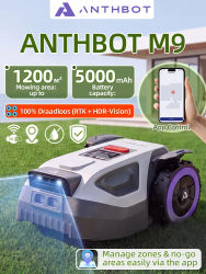 Cortacésped robótico ANTHBOT M9, navegación RTK + visión dual, 4G, 5000 mAh, 150 m²/h, pendiente 24° (45 %), gestión multizona, control por aplicación, para jardines de hasta 1200 m², robot