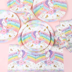 Vajilla desechable para fiesta de unicornio, platos, servilleta, unicornio arcoíris, decoración para fiesta de cumpleaños, suministros para fiesta de cumpleaños para niños, Baby Shower