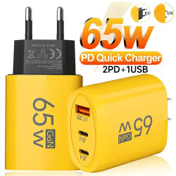 Cargador USB GaN de 65W con 3 Puertos, Cargador de Carga Rápida Tipo C PD, Adaptador de Corriente, Cargador de Viaje Portátil con Enchufe EU/US