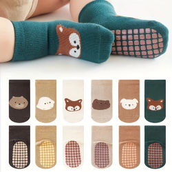 6 pares de calcetines antideslizantes para niños y niñas con lindos estampados de animales de dibujos animados, calcetines cómodos y transpirables para bebés.