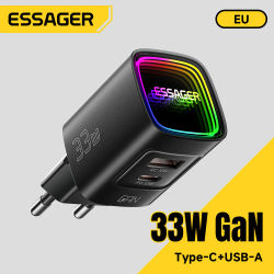 Cargador USB Tipo C Essager GaN de 33W, Cargador Rápido PD Portátil para iPhone 17 16 15 14 Pro Max, iPad, Xiaomi, Samsung S25, Cargador RGB