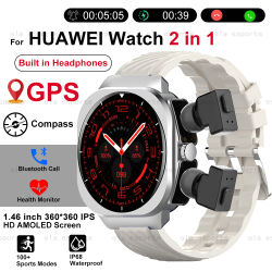 Reloj inteligente 2 en 1, rastreador GPS, brújula, auriculares integrados, llamada Bluetooth, reloj inteligente, Monitor de salud, Fitness, relojes deportivos para hombres