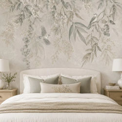 Papel Tapiz Personalizado Estilo Nórdico para Sala de Estar, Mural de Fondo Color Crema Verde, Papel Tapiz 3D con Planta del Sudeste Asiático y Colibrí
