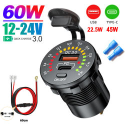 Enchufe de cargador USB Dual de 45W con voltímetro LED interruptor de encendido y apagado QC3.0 PC tipo C salida USB impermeable cargador rápido para coche de 12V/24V