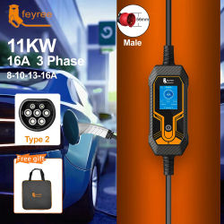 Cargador Portátil para Vehículos Eléctricos Feyree de 11KW 16A 3P Tipo 2, Caja de Carga EVSE, Cargador para Coche Eléctrico con Enchufe CEE IEC62196-2
