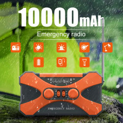 Radio de emergencia de 10000 mAh, radio de manivela solar, radio meteorológica portátil AM/FM/NOAA con cargador de teléfono celular, linterna LED