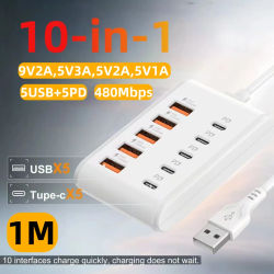 Cargador USB de 10 puertos, tira de alimentación 5USB + 5PD, cargador de pared tipo C multipuerto con Cable de 1M para iPhone, Samsung, Xiaomi, adaptador QC3.0