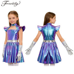 Disfraz de robot alienígena para niñas, vestido metálico brillante con mangas voladoras y guantes para Halloween, fiesta espacial, cosplay