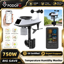 Podofo - Estación Meteorológica Inteligente con WiFi y Bluetooth, Reloj Despertador con Control por Aplicación TUYA, Resistente al Agua IPX4, Sensor Exterior Profesional para Temperatura, Humedad,