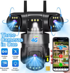 Cámara 4G con Tarjeta SIM, 12MP, 6K, Tres Lentes, Monitor de Tres Pantallas, Visión Nocturna, Protección de Seguridad, V380 Pro, Videovigilancia PTZ