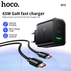 Cargador de Teléfono HOCO EU PD65W con Doble USB C y Carga Rápida USB A para iPhone 17/16/15 Pro Max, Cargador Rápido para Tablet y Laptop Samsung
