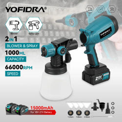 Pistola de pintura eléctrica YOFIDRA de 1000 ml, pulverizador inalámbrico para el hogar, aerógrafo para recubrimiento de acero y muebles, compatible con batería Makita de 21 V.