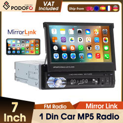 Radio para Auto Podofo 1DIN de 7 Pulgadas con Pantalla Táctil Retráctil, Reproductor Multimedia para Auto con Bluetooth, FM, USB, AUX, Audio