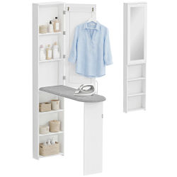 HOMCOM Mueble de Plancha con Espejo, Tabla de Planchar Plegable, Mueble Planchador con 6 Compartimentos, 2 Ganchos, para Espacios Reducidos, 107x35x174 cm, Blanco