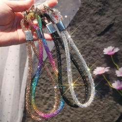 Cordón de teléfono con purpurina INS, correas de muñeca de cristal para teléfono, llavero, cuerda antipérdida para iPhone 16, Samsung, cordón colgante Universal ostentoso