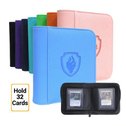 Carpeta de tarjetas con cremallera lateral de cuero PU impermeable, álbum de tarjetas coleccionables con 32 ranuras para tarjetas de 3"×4", ideal para tarjetas TCG, de juego/deportes