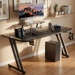 Escritorio de Juegos Ergonómico con Iluminación LED, Soporte para Monitor, Soportes para Auriculares y Vasos, 120/140/160 Cm, Apto para Oficina y Hogar