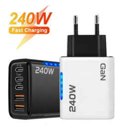 Cargador de teléfono GaN de 240W 5 en 1 con carga rápida, adaptador de corriente USB C, enchufe tipo C EU/US, cargador de pared para iPhone, Samsung, Xiaomi