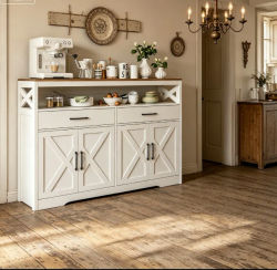 Aparador, Mueble Buffet con 2 Cajones, 4 Puertas, Mueble de Cocina Estilo Rústico para Cocina y Sala de Estar 40 x 140 x 105 cm Blanco Vintage Marrón Miel