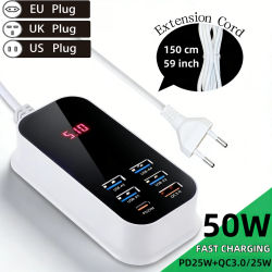 Cargador USB Tipo C PD QC3.0 de 50W con 6 Puertos, Carga Rápida para Teléfono, Cable de Extensión LED, Adaptador de Corriente de Escritorio/Pared para iPhone y Samsung
