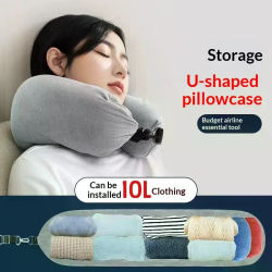 Almohada de viaje para el cuello con bolsa de almacenamiento de ropa rellenable, funda de almohada en forma de U, funda de almohada de cuello de lana cristalina para viajes en avión