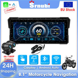 Srnubi 8,1 pulgadas motocicleta DVR navegación GPS inalámbrico Carplay Moto Android Auto IP67 Monitor impermeable motocicleta casco cámara