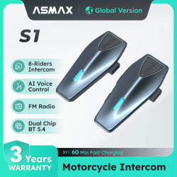 ASMAX Blue S1 Intercomunicador para motocicleta Casco Comunicación en grupo de malla, Auriculares Bluetooth con control de voz para motos de nieve, esquí y ATV