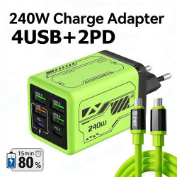 Cargador GaN de 240W, Cargador Rápido con 6 Puertos USB C PD, Bloque de Carga con Cable de Datos USB C a Tipo-C de 240W para iPhone, Xiaomi, Huawei