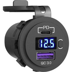 Enchufe USB C para cargador de coche, enchufe USB Dual de 12V/24V, puerto USB PD3.0 y QC3.0 para coche con voltímetro LED y interruptor de encendido/apagado